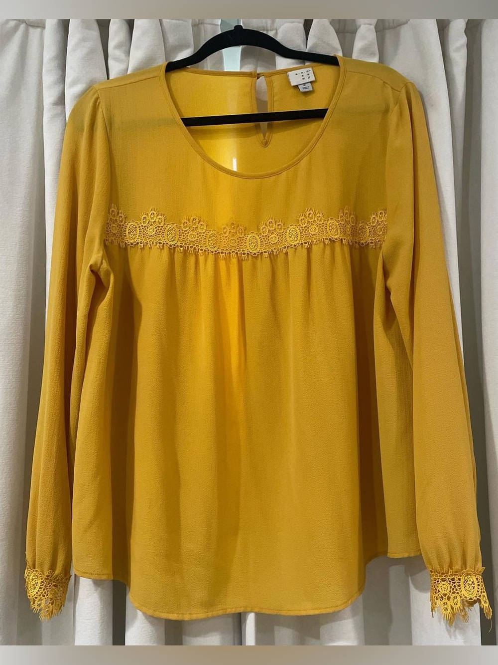 Women's Mustard Yellow Long-Sleeve Lace Trim Blouse
